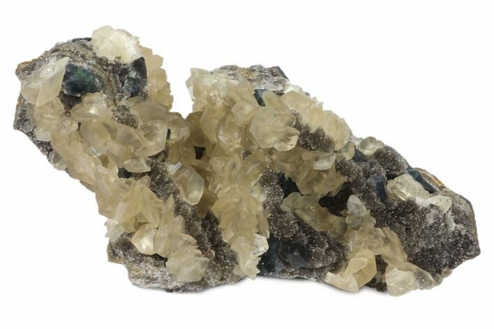 Blue-Green Fluorite and Yellow Calcite on Quartz - Fluorescent! #120311